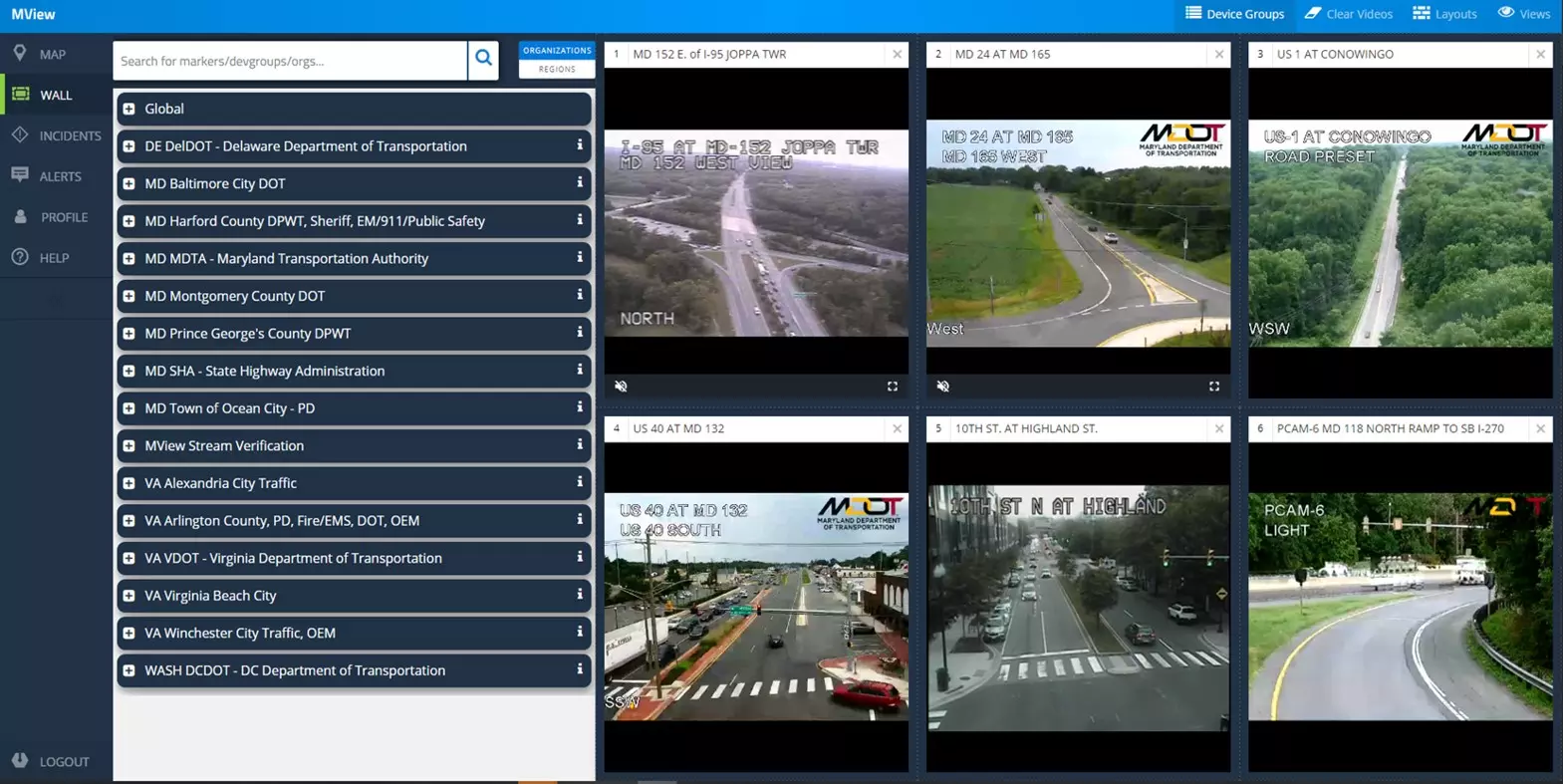 A screenshot of a website used to show video sharing entities, with multiple video feeds from the shared network of roads.